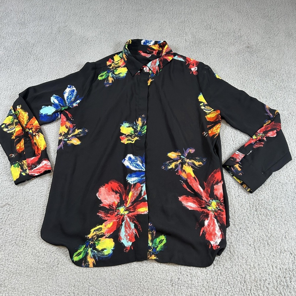 Mossimo Shirt Women 2XL Black Floral Button Up Long Sleeve Casual Colorful Print